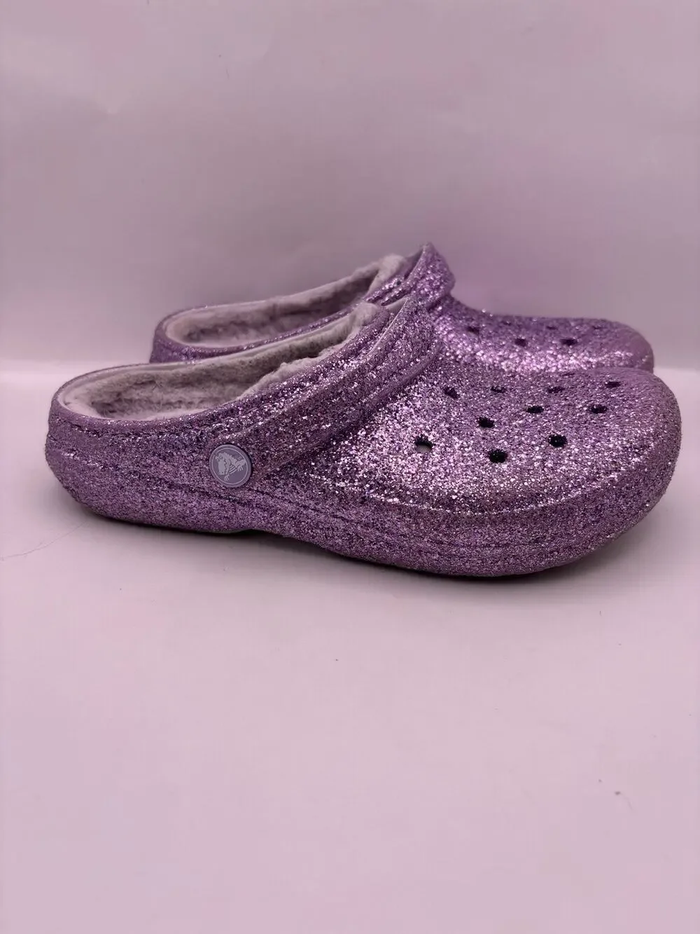 Crocs Classic Fleece Lined Glitter Purple Moon Clogs Kids Size 5